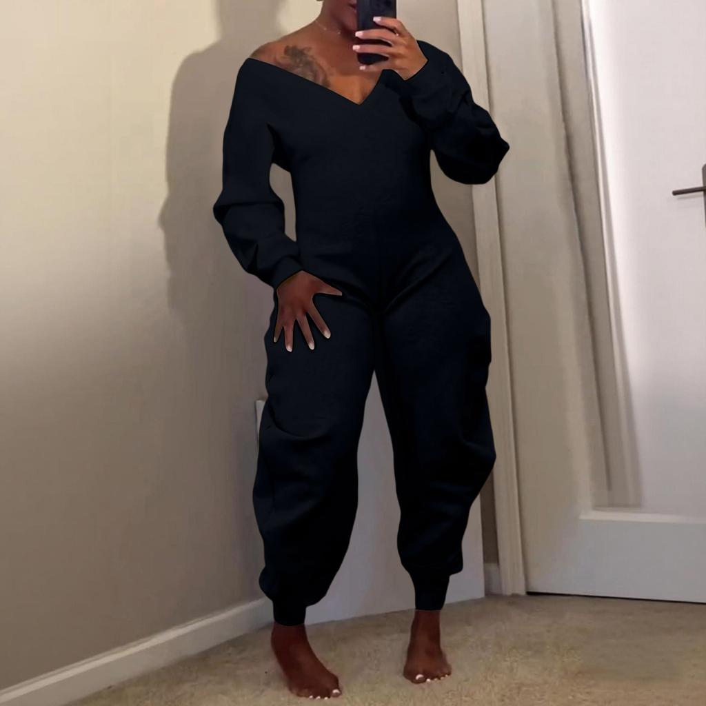 Women's Solid Color Jumpsuit Flared Pants Tight V-neck Sexy Long Sleeved Jumpsuit