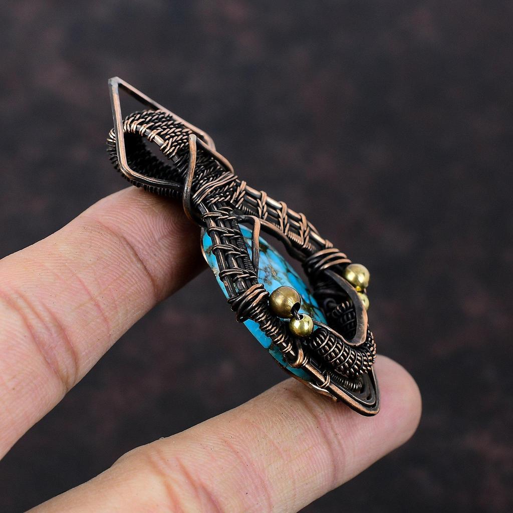 Copper Blue Turquoise Pendant Copper Wire Wrapped Pendant Natural Gemstone Pendant Copper Wire Jewelry Gift For Her Handmade Elegant Jewelry