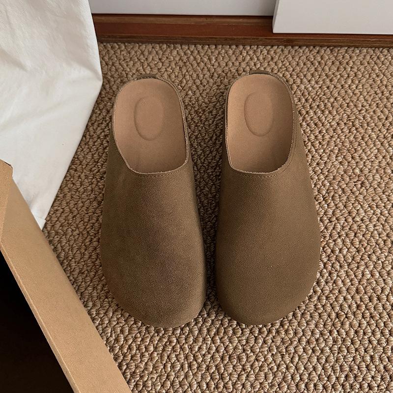 Модные новые женские тапочки с закрытым носком, замшевые сандалии, осенние новые ретро-туфли с плоской подошвой и ремешком на пятке