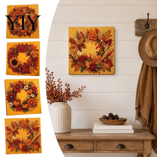 Wall Art for Living Room Pumpkin Faux Pearl Kit, Fall Wreath Painting Autumn Harvest Craft Kits Beginners 3D Bead Kit Adults Beginners, Home