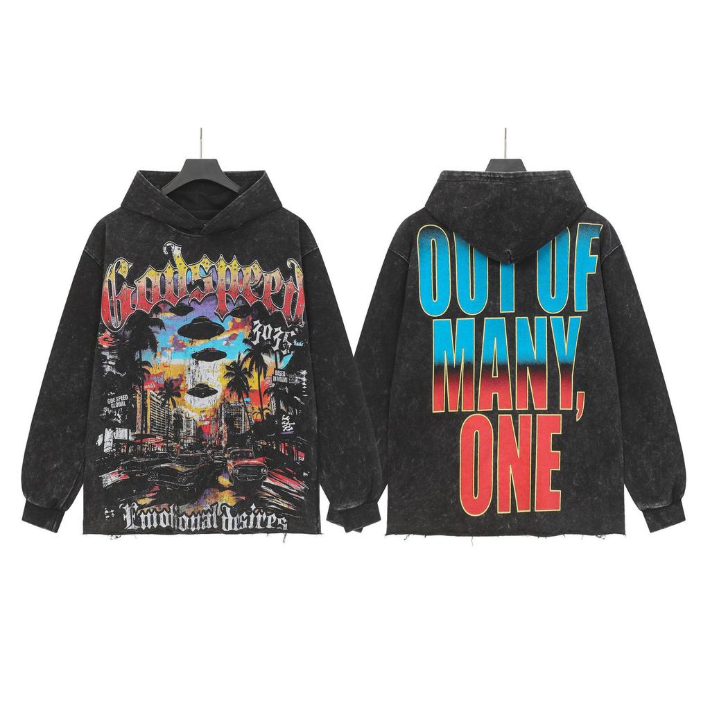 Худи с ретро-принтом 'God Bless America' в стиле рок-стрит, стиранное, повседневное, свободного кроя