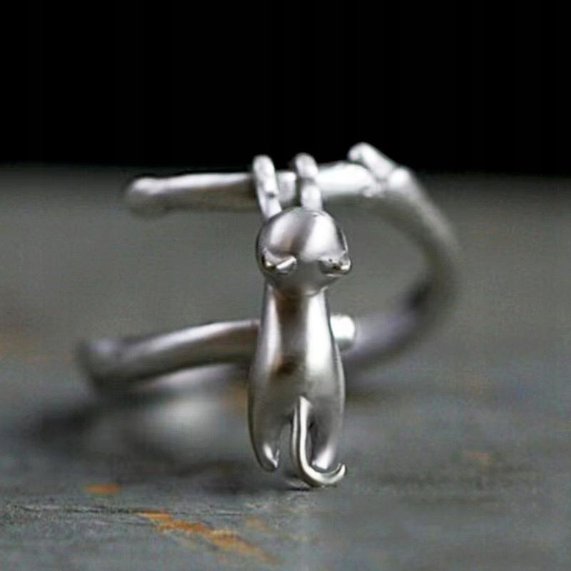 Silver Women's Adjustable Ring Universal Gift Falling Cat