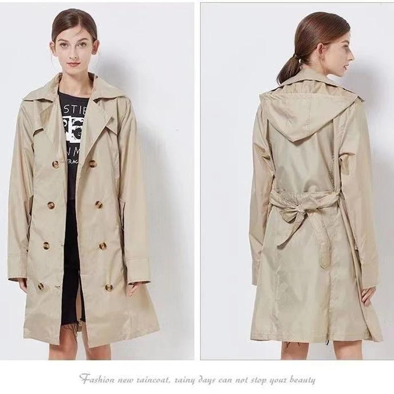 Fashion Women Lightweight Raincoat Poncho Ladies Waterproof Long Slim Raincoats Adults Outdoor Rain Jacket Hiking Windproof Rain Coat With Belt
