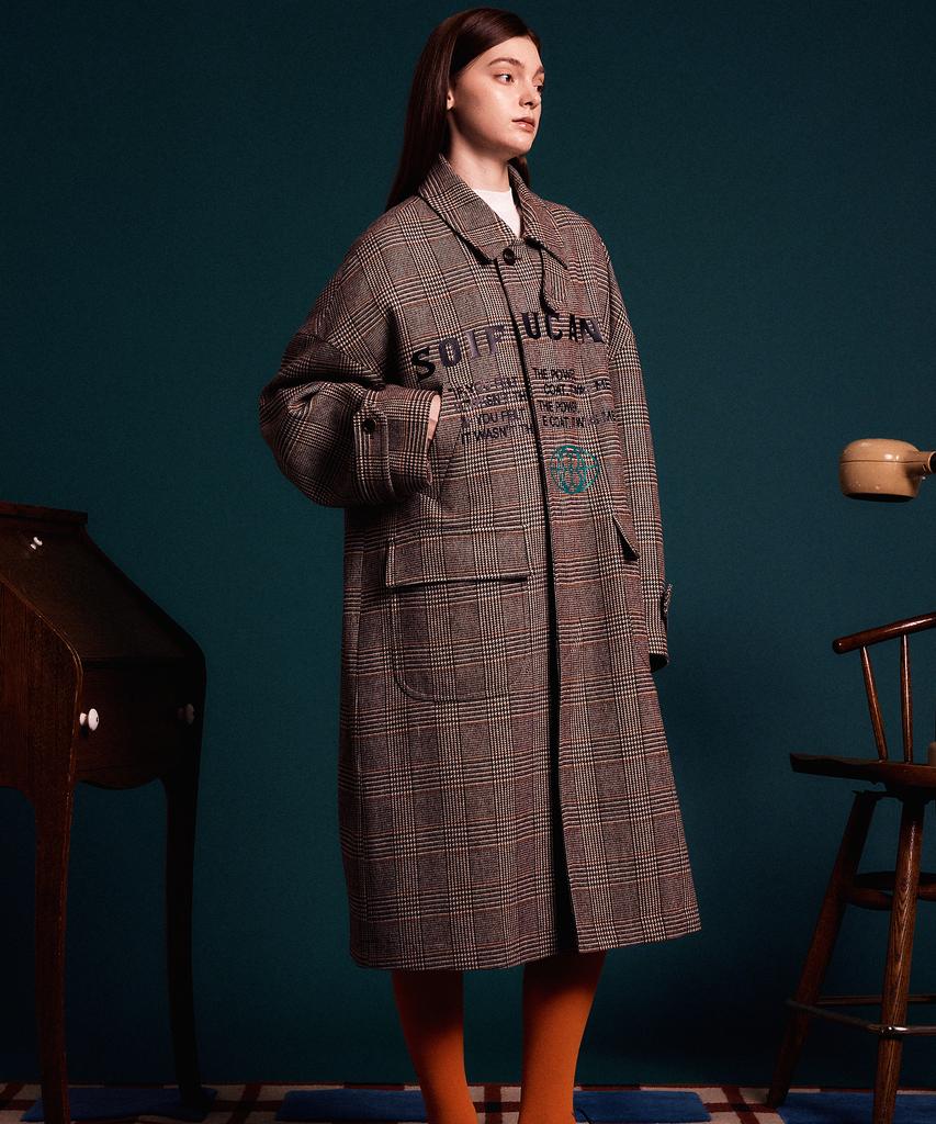 Soifucan Plaid Loose Fit Long Duffle Coat