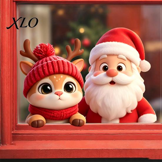 Winter Party Supplies Santa Claus Reindeer Window Cling, Christmas Static Glass Sticker Festive Decor for Holiday Party, Removable Reusable Decoration