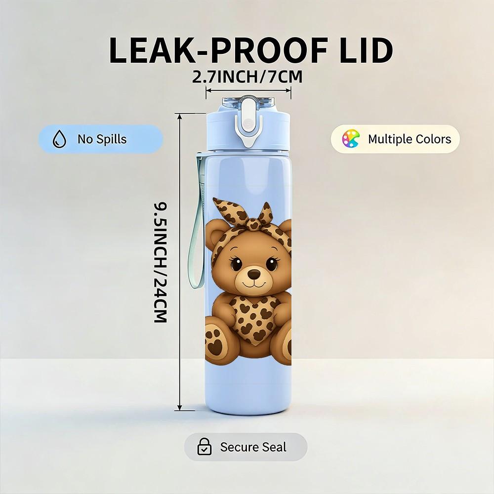 1PC Cute Brown Teddy Bear Art 750ml Color Plastic Sports Water Bottle Leakproof Flip Straw Lid Suitable for Sports Office Home Use