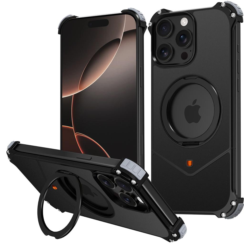For iPhone 15 Pro Max Case PC+Metal Boardless Phone Back Cover with Kickstand