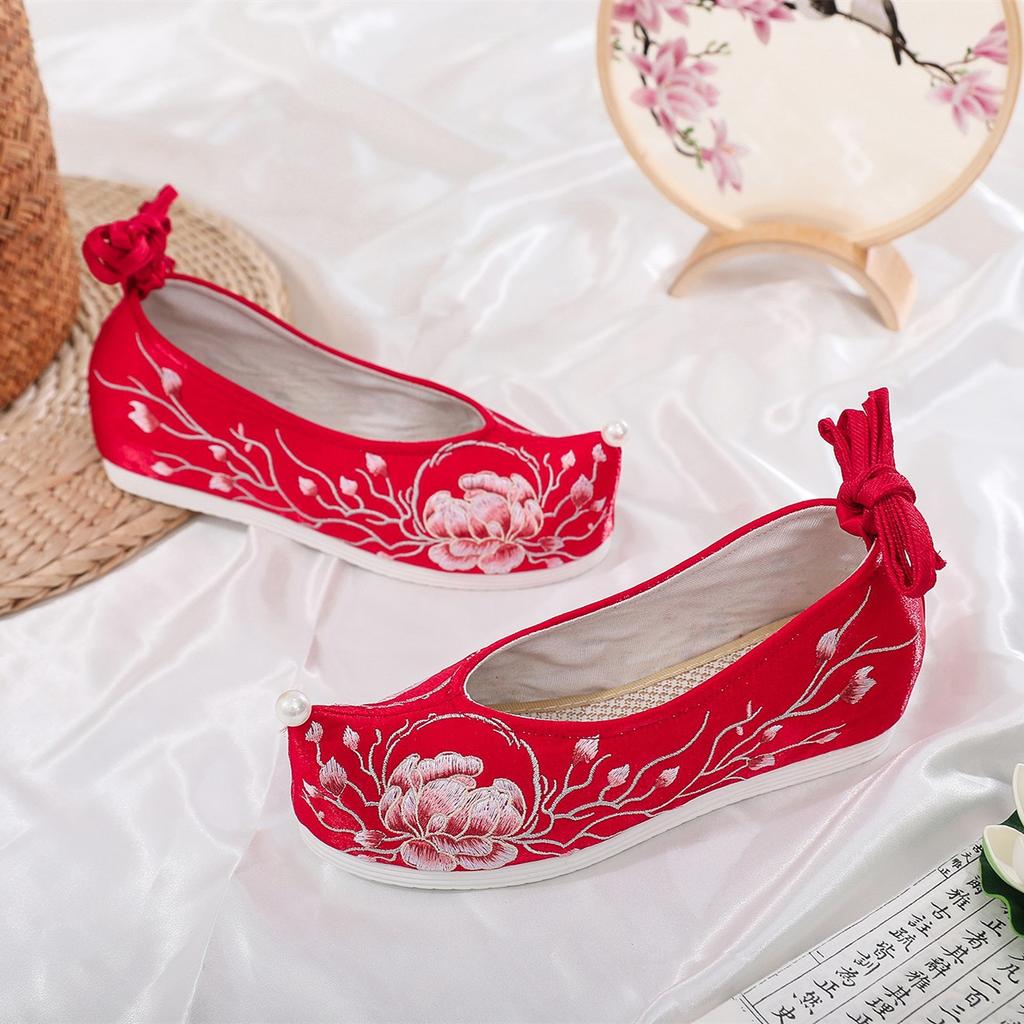 Клиренс! [Красный] Весна и лето 2025 обувь ханьфу старинная одежда китайский стиль внутренняя высота увеличение танкетка приподнятый носок вышитая ткань