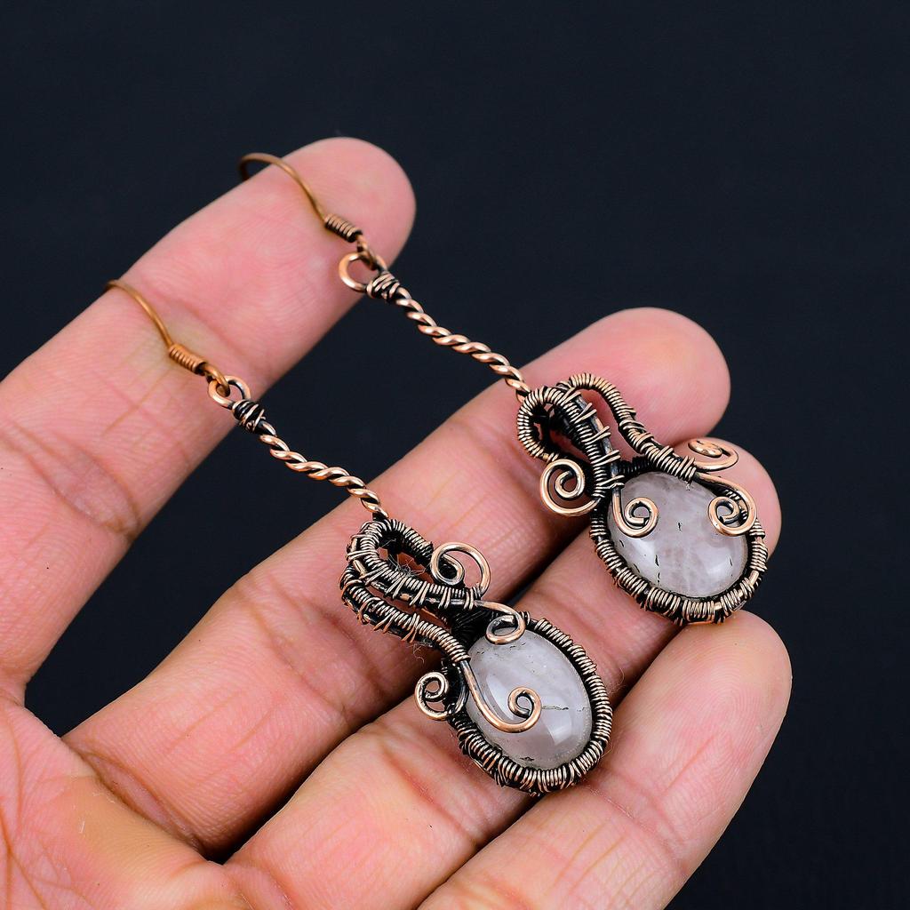 Rose Quartz Gemstone Handmade Pure Copper Wire Wrapped Earrings Jewelry For Memorial Day