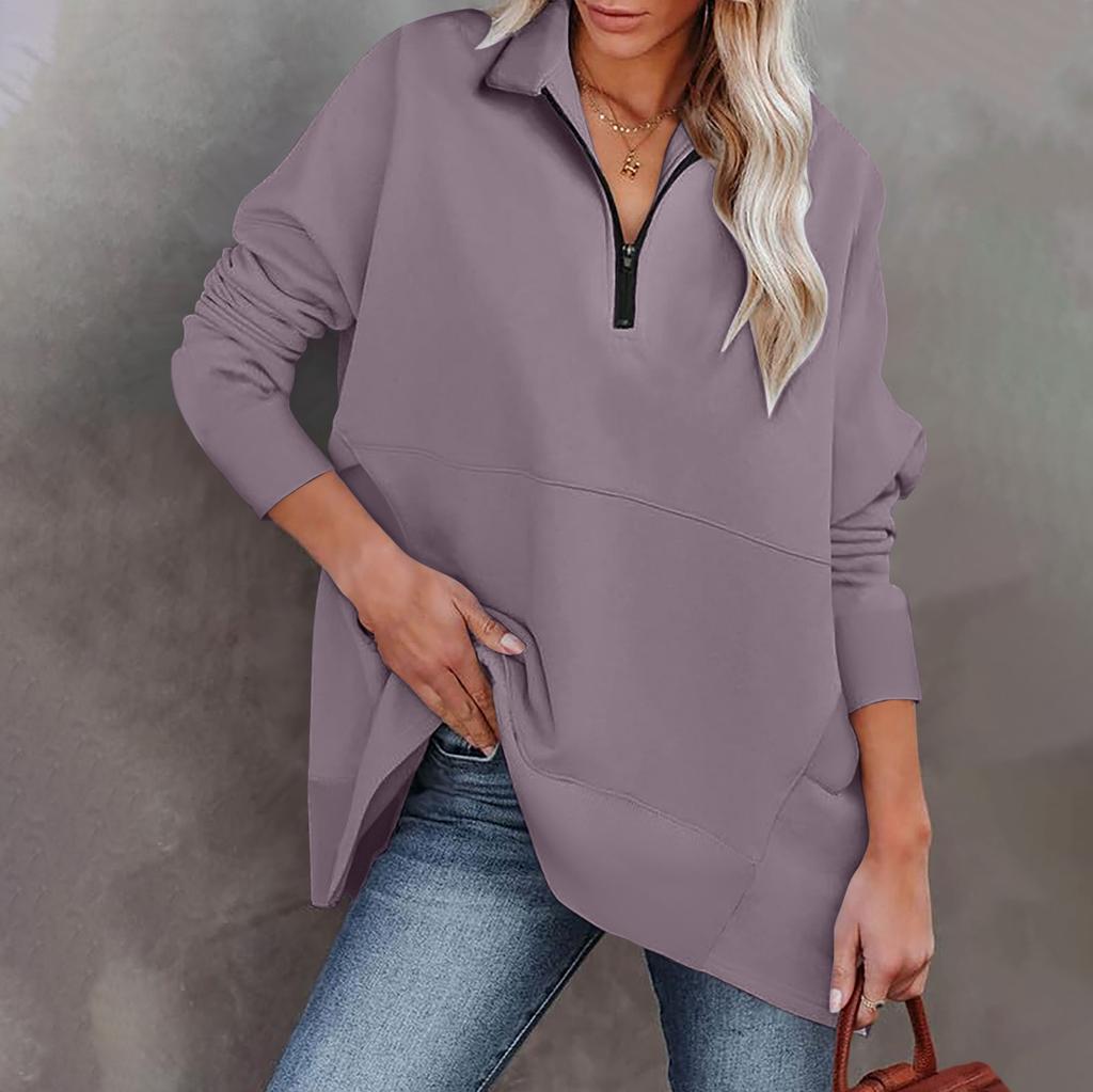 Женская повседневная спортивная рубашка оверсайз на половинной молнии, сплошной цвет с длинными рукавами и карманным пуловером, топ