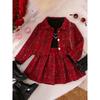 Three-piece Girls Turtleneck Black Top Red Plaid Pleated Skirt Red Plaid Short Coat Casual and Comfortable Daily Wear Birthday Party Family Party