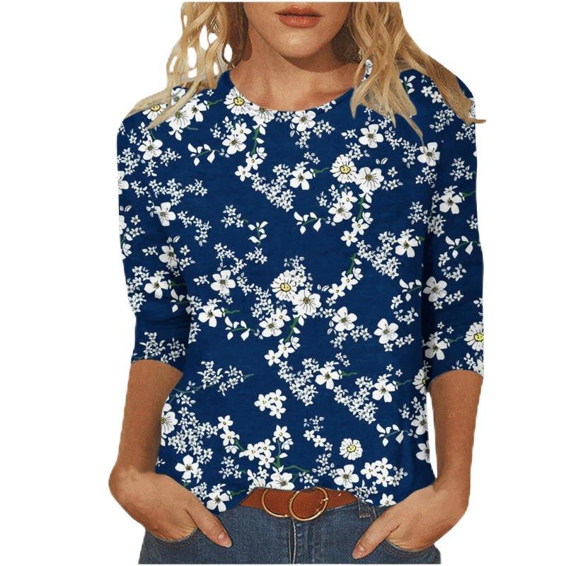 Женская футболка с 3D-принтом, винтажным цветочным принтом, повседневная, с длинным рукавом, круглым вырезом, обычный топ, с повседневным принтом, розовая, весна и осень