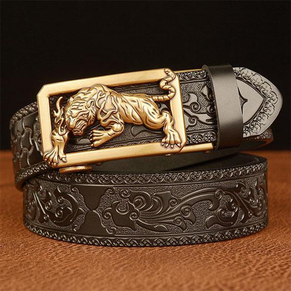 High Guality Male Belt Genuine Leather Belt for Men Carving Flower Pattern Animal Tiger Gold Automatic Buckle Belt Strap for Jeans