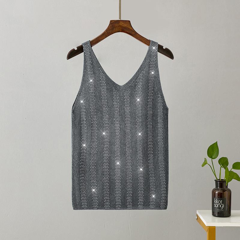 Женская летняя вязаная майка из ледяного шелка с яркой нитью и V-образным вырезом, облегающая майка
