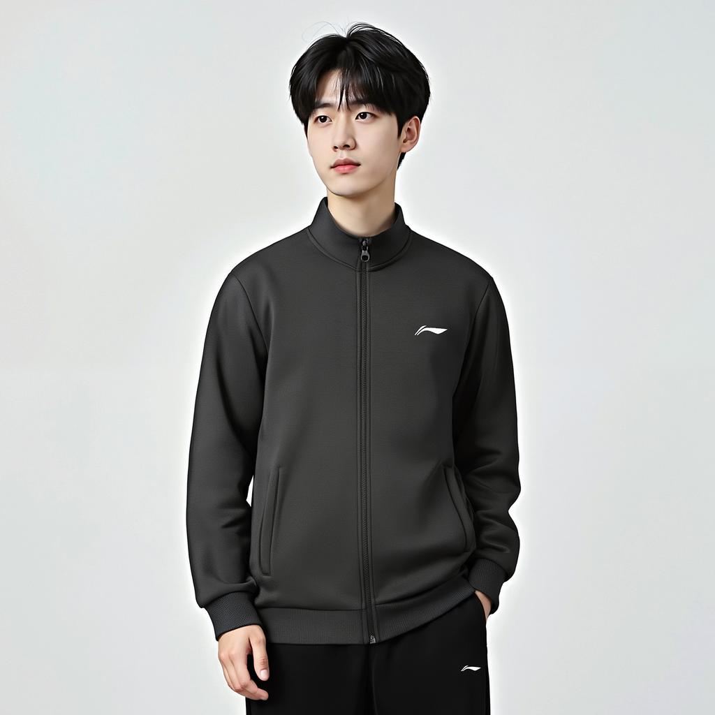 Li Ning Sweatshirts Unisex Obsidian Gray Crew Neck Moderate Cardigan AWDVG71-3