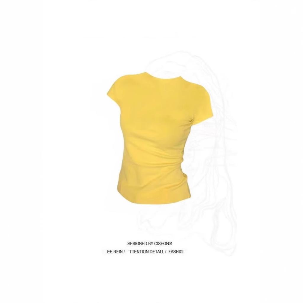 Spring and summer stacked slim-fit threaded short round neck commuter t-shirt front shoulder versatile top short-sleeved t-shirt women