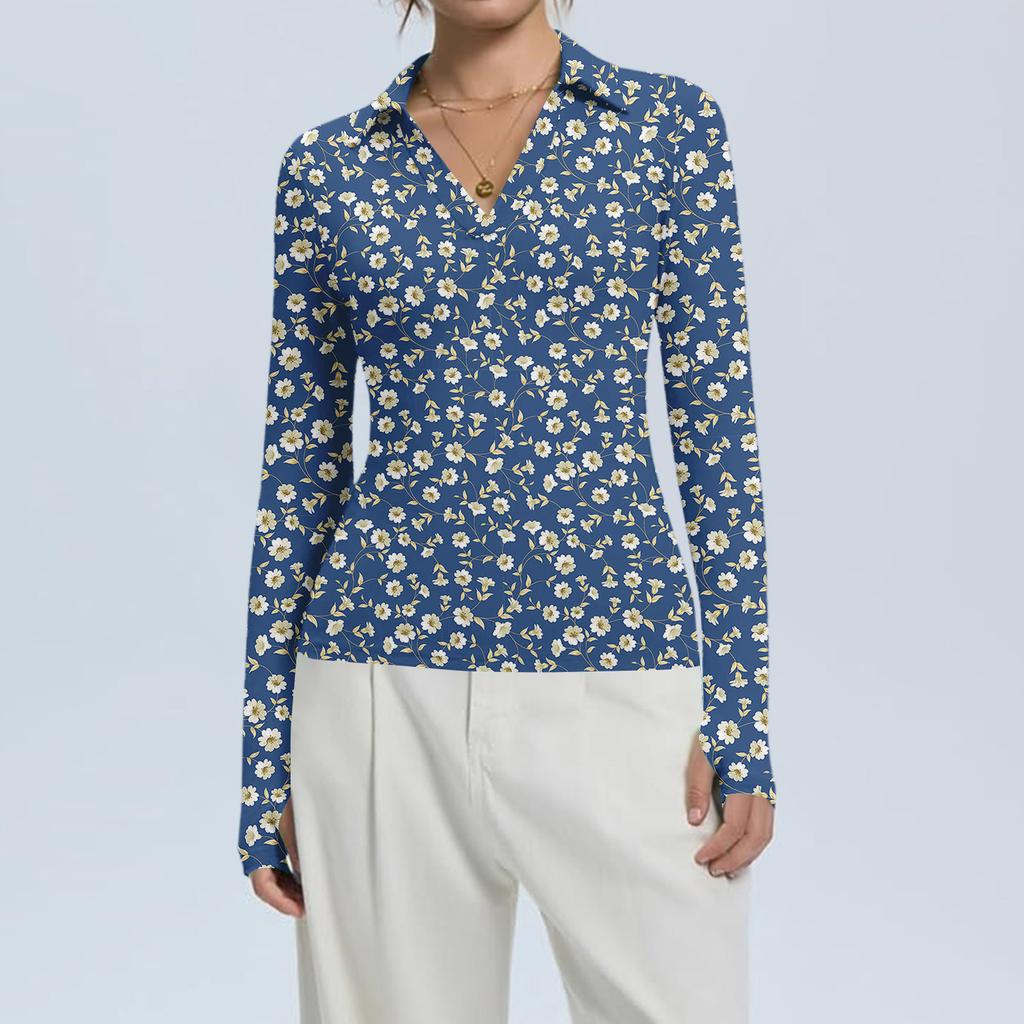 Женская Мода Повседневный Принт V-образный Вырез Длинный Рукав Застежка на Пуговицы Топ