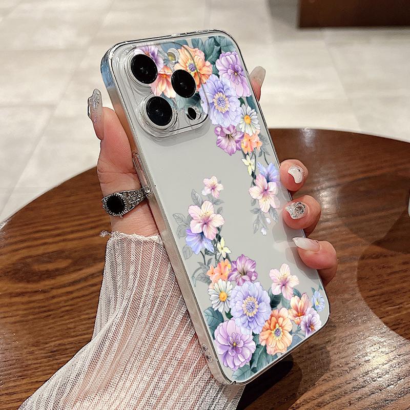 Цветной цветочный принт Прозрачный ударопрочный чехол для телефона iPhone 16 Pro Max 15 Pro 14 13 12 11 Жесткий ПК Защита линз Тонкий прозрачный бампер Чехол