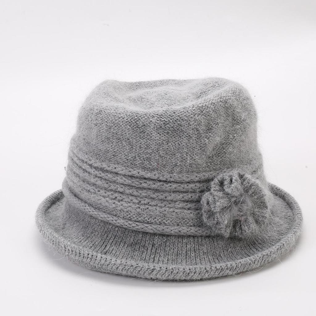 Women's Knitted Women's Rabbit Proof Wool Pot Hat Autumn Winter Thickened Warm Keeping Mother's Hat Flower