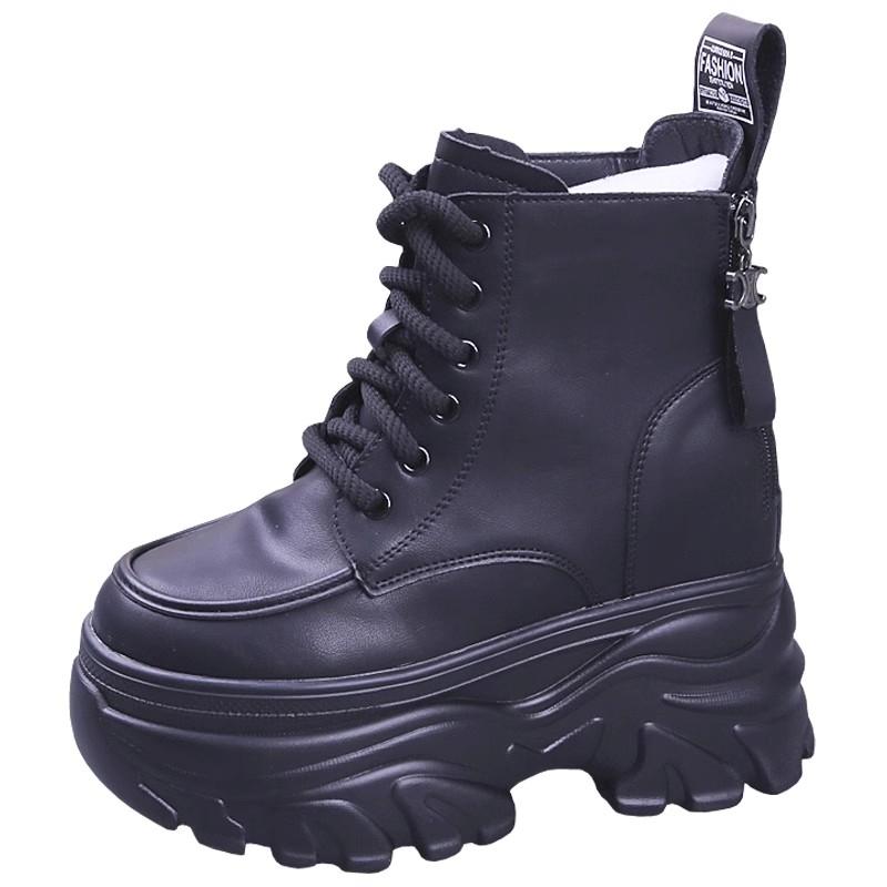 Ботильоны для женщин, новые зимние мотоциклетные ботинки, танкетка 12 см, высокие кожаные туфли на платформе, женские осенние ботинки на толстой подошве