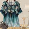 Women's Fashion Casual Loose Spring Shirt Women's Short Sleeve Personalized Gradient Flower Lines Printed Tops