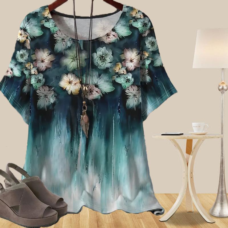 Женская мода повседневная свободная весенняя рубашка женские топы с коротким рукавом с индивидуальным принтом в виде градиентных цветочных линий