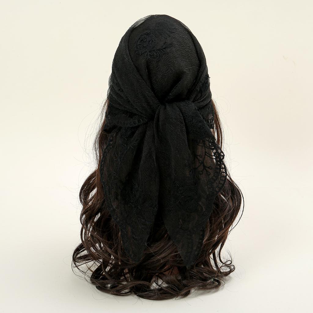 Rhinestone Embroidered Floral Square Lace Scarf For Woman Turban Summer Sun Protection Wraps Ladies Bandana Travel Soft Headband