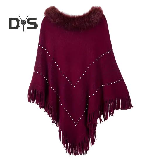 Women Fall Winter Cloak Tassel Bead Decor Faux Fur Decor Triangle Shape Solid Color Knitted Keep Warm Elastic Poncho Shrug Bohemian Style Cable Wrap
