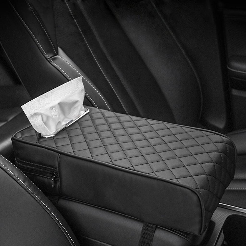 EXCEREY Car Console Box Armrest Armrest Cushion with Tissue Ergonomic Design for Long Memory Foam PU Suitable for Most Car Black Includes Tissue Box