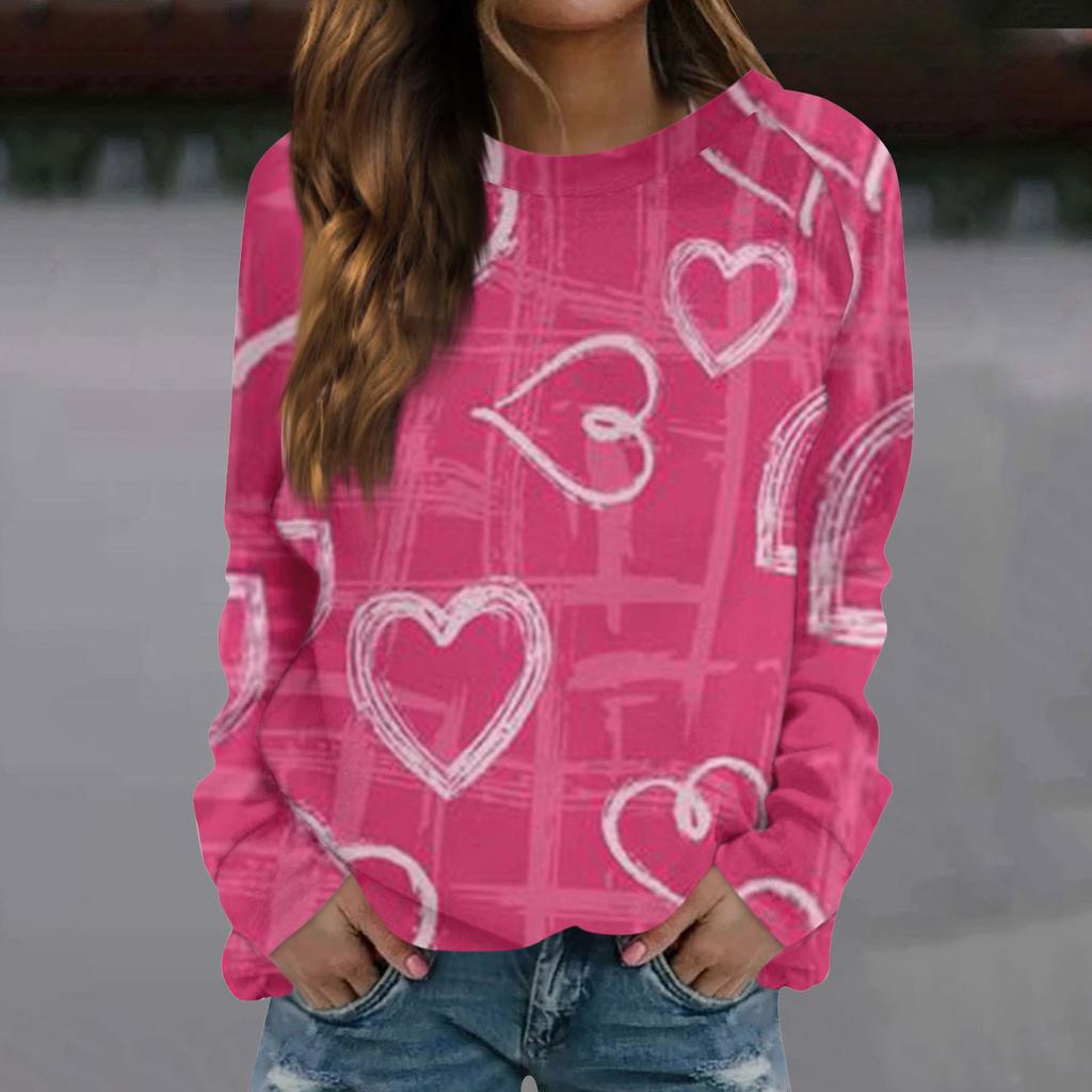 Женская модная повседневная толстовка с длинным рукавом и принтом на День святого Валентина и круглым вырезом