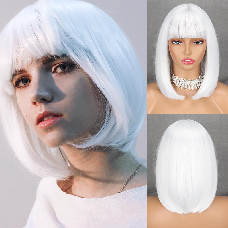LISI HAIR Женская мода Короткий чистый белый прямой парик Боб с челкой Синтетическое волокно Длина до плеч Прямой парик Боб Белый Серебряный парик