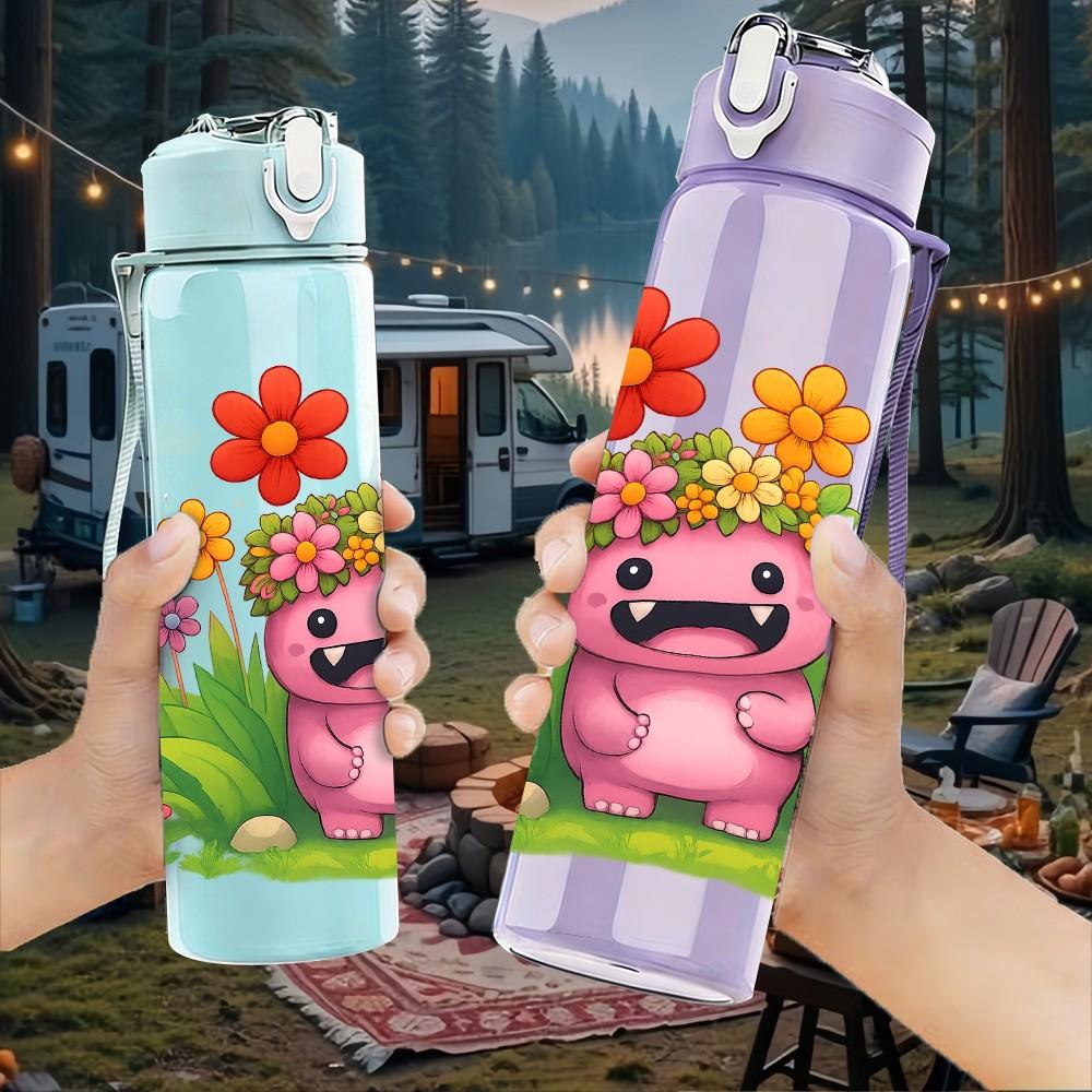 1PC Pink Monster Floral 750ml Color Plastic Sports Water Bottle Leakproof Flip Straw Lid Suitable for Sports Office Home Use