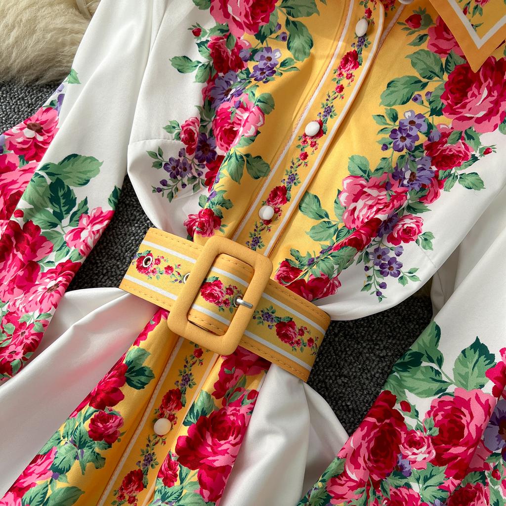 Весенние женские винтажные принты с отложным воротником, однобортная рубашка, длинные макси, праздничные пляжные платья с поясом