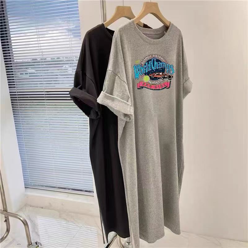 Spring and summer lazy wind loose printing Korean long t-shirt hem split over knee short sleeve straight dress