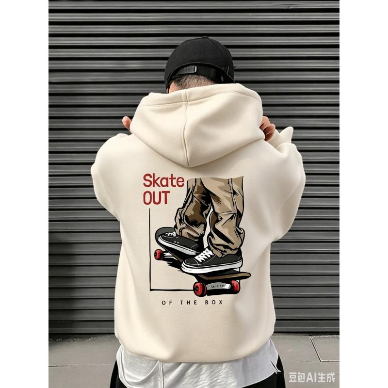 Pánská mikina s kapucí a potiskem loga "Skate Out" pro street skateboardingovou kulturu, volný střih, trendy podzimní/zimní každodenní top
