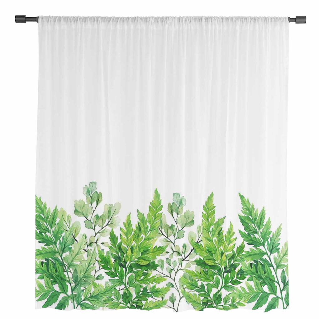 Spring Watercolor Green Leaves Tulle Sheer Curtains For Living Room Bedroom Kitchen For Windows Voile Drapes Home Decoration