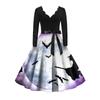Women's Vintage Classic Dress Long Sleeve Halloween Print V-neck Swing Dress