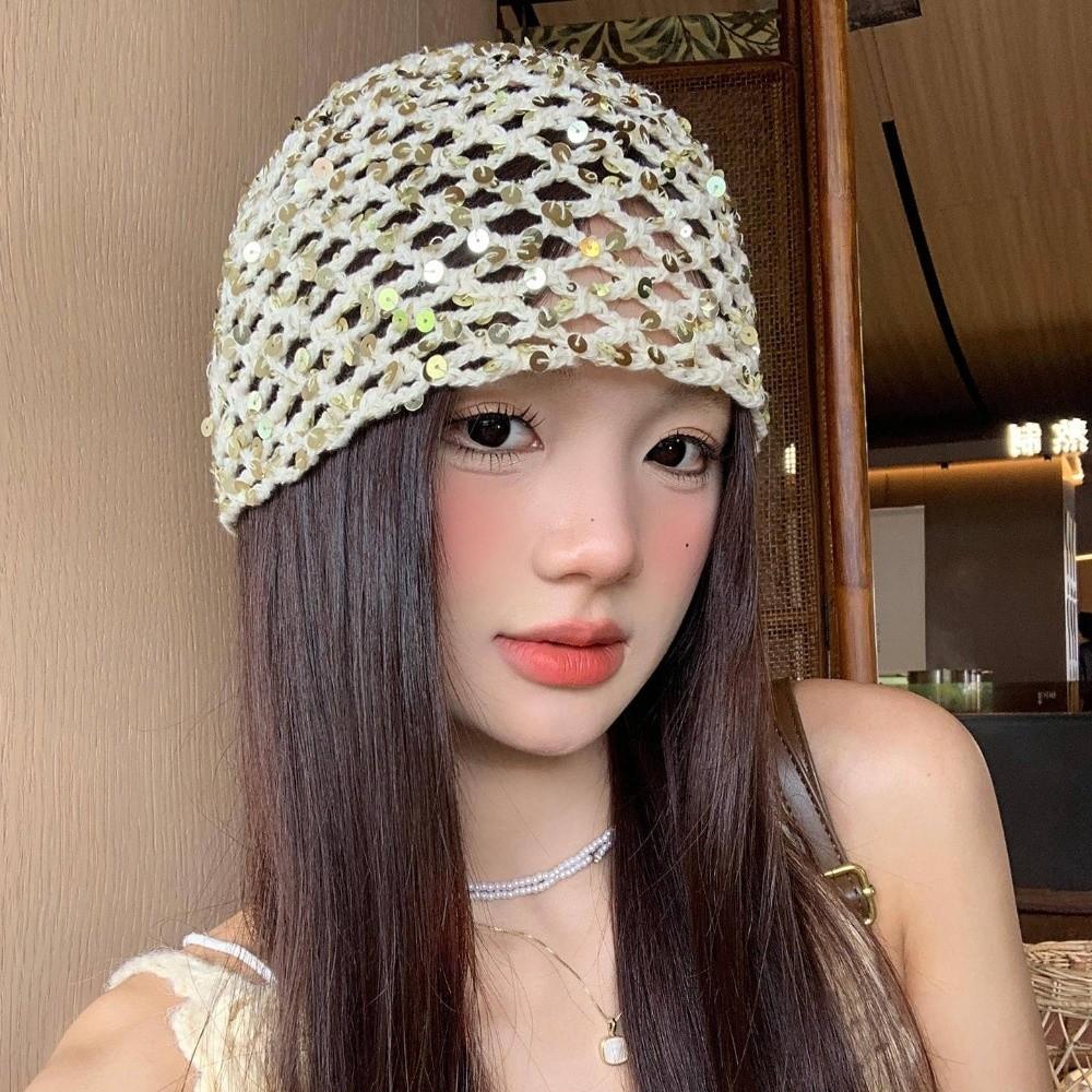 Y2k Sequin Bucket Hat Vintage Beanie Hats Fashion Sequin Woven Cap Summer