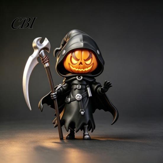 Resin Gothic Desktop Statue Halloween Pumpkin Reaper Statue, Hooded Ornament, Black Robe Figurine Versatile Window Display Decor with Sickle for Home