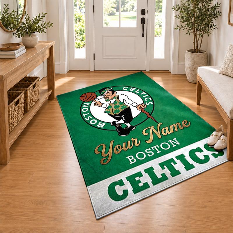Boston Celtics Custom Name Personalized Rug Non‑Slip Doormat Floor Carpet Housewarming Birthday Gift for Family Friends