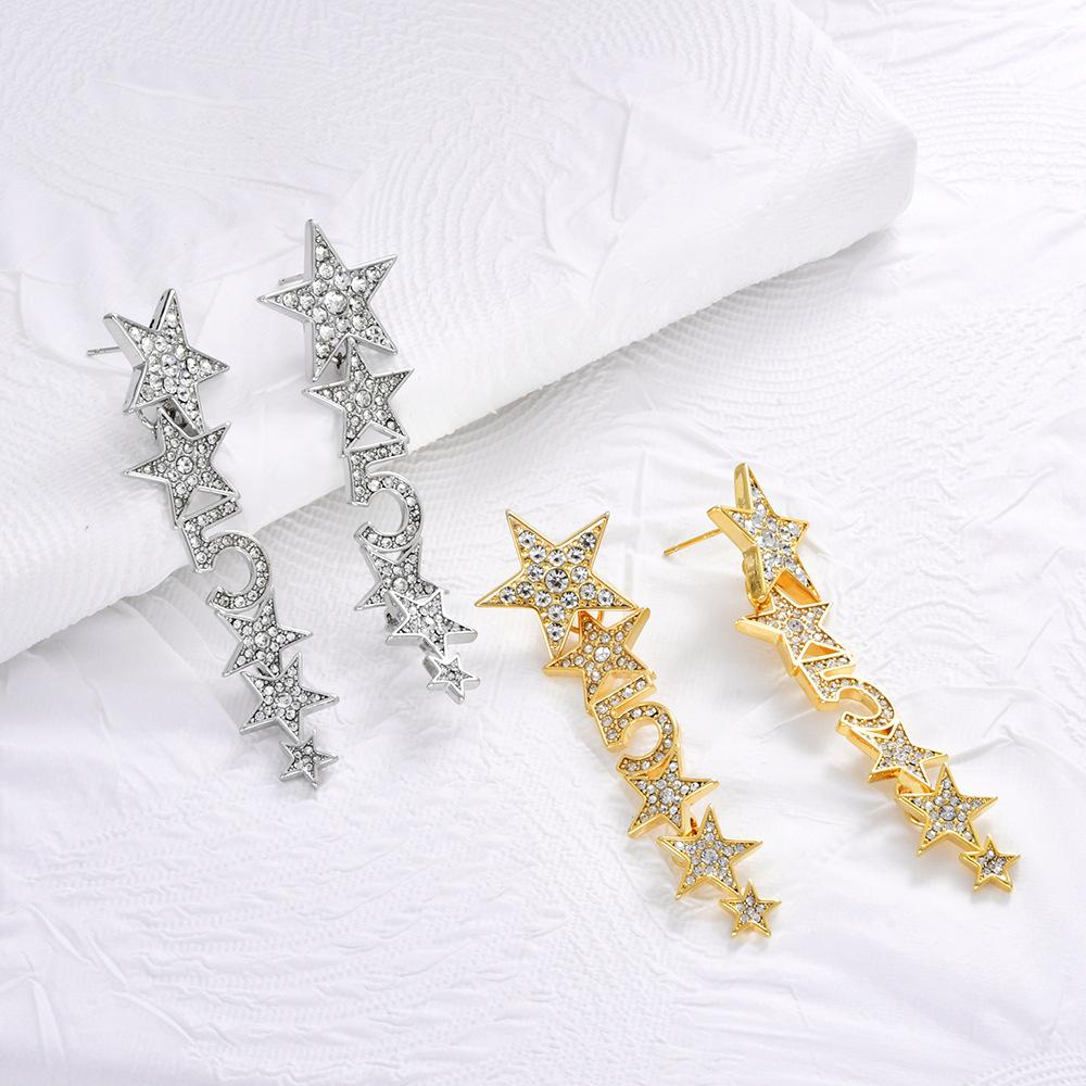 2026 New Elegant Star & Number 5 Long Tassel Earrings Light Luxury Full Zircon Drop Earrings for Women