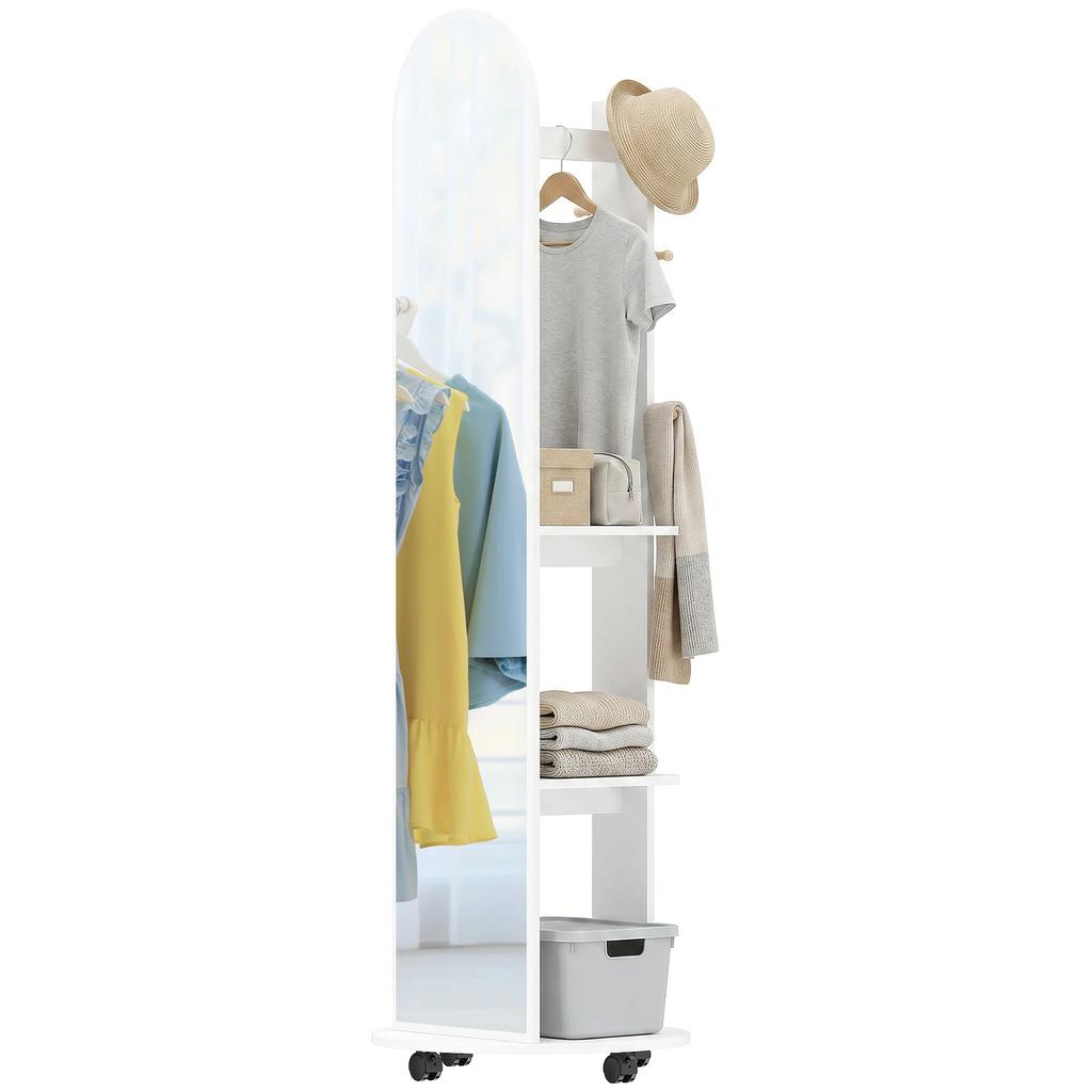 2 In 1 Full Length Mirror With Storage Shelves Floor Mirror With 4 Wheels Coat Rack Hooks White