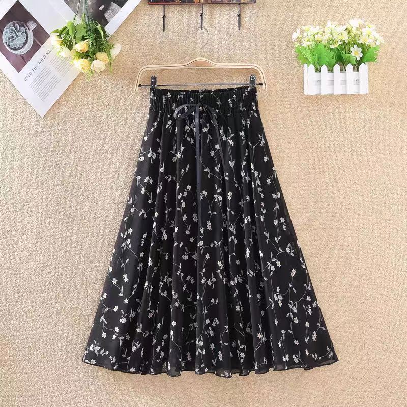 Женская юбка с цветочным принтом, летняя тонкая универсальная шифоновая юбка средней длины с высокой талией и принтом