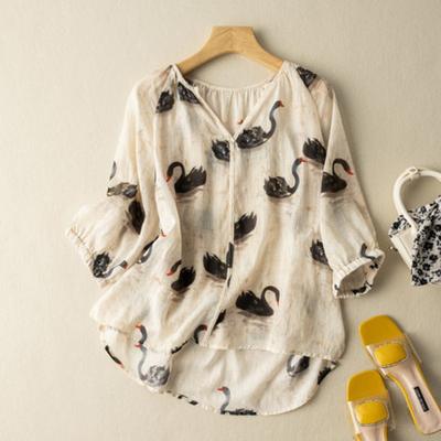 Летняя литература свободная хлопковая льняная рубашка с принтом V-образным вырезом и рукавами пять четвертей женская рубашка-пуловер