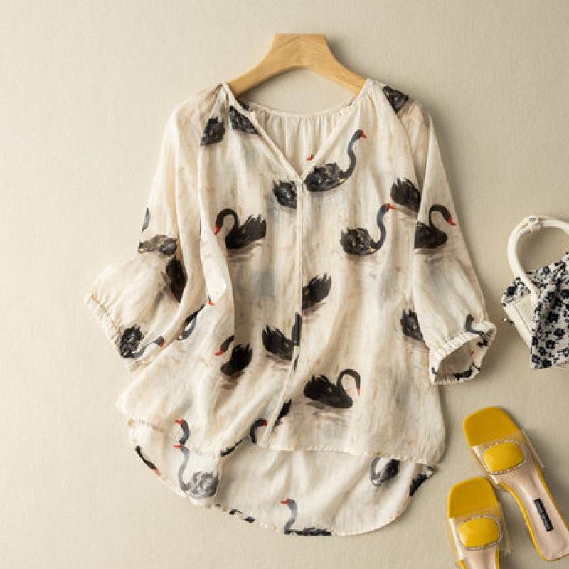 Летняя литература свободная хлопковая льняная рубашка с принтом V-образным вырезом и рукавами пять четвертей женская рубашка-пуловер