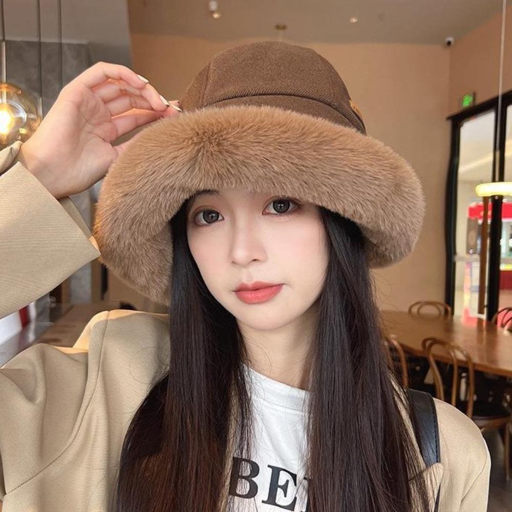 Wide Brim Plus Velvet Panama Hat Windproof Winter Fisherman Hat Fluffy Fur Bucket Hat Outdoor