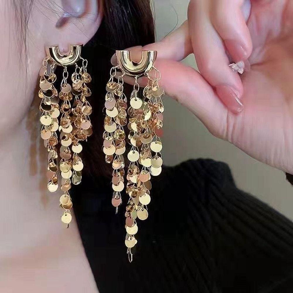 Bling Bling Metal Sequin Earrings Zinc Zinc Alloy Gold Earrings Temperament Long Tassel Dangle Earrings  Girl