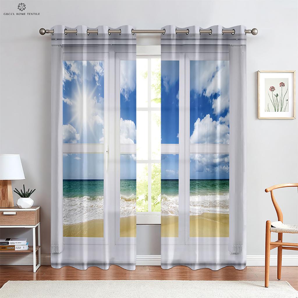 Real Effect 3D Printed Curtains, Curtains with Seaside Scenery, Blue Sky Pattern, Outside the Window Window Decoration