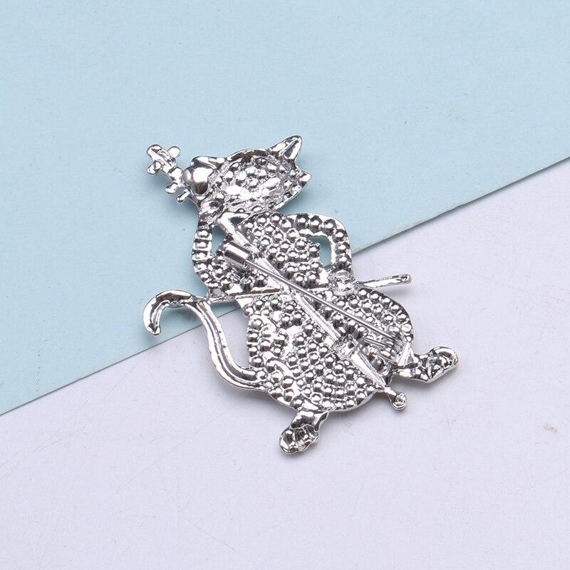 Blucome Cat Playing The Violin Shape Brooches for Women Girls Simulated Zircons Gold Color Jewelry Pins