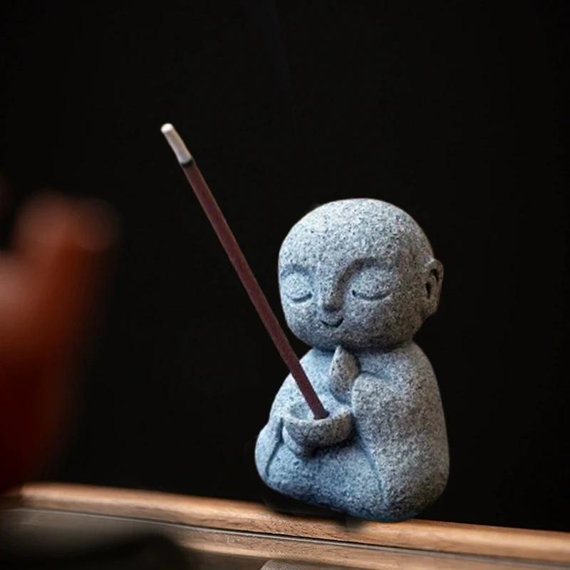 Japanese Mini Buddha Incense Holder for Sticks Little Zen Monk Incense Burner Sandstone for Room Desktop Decor